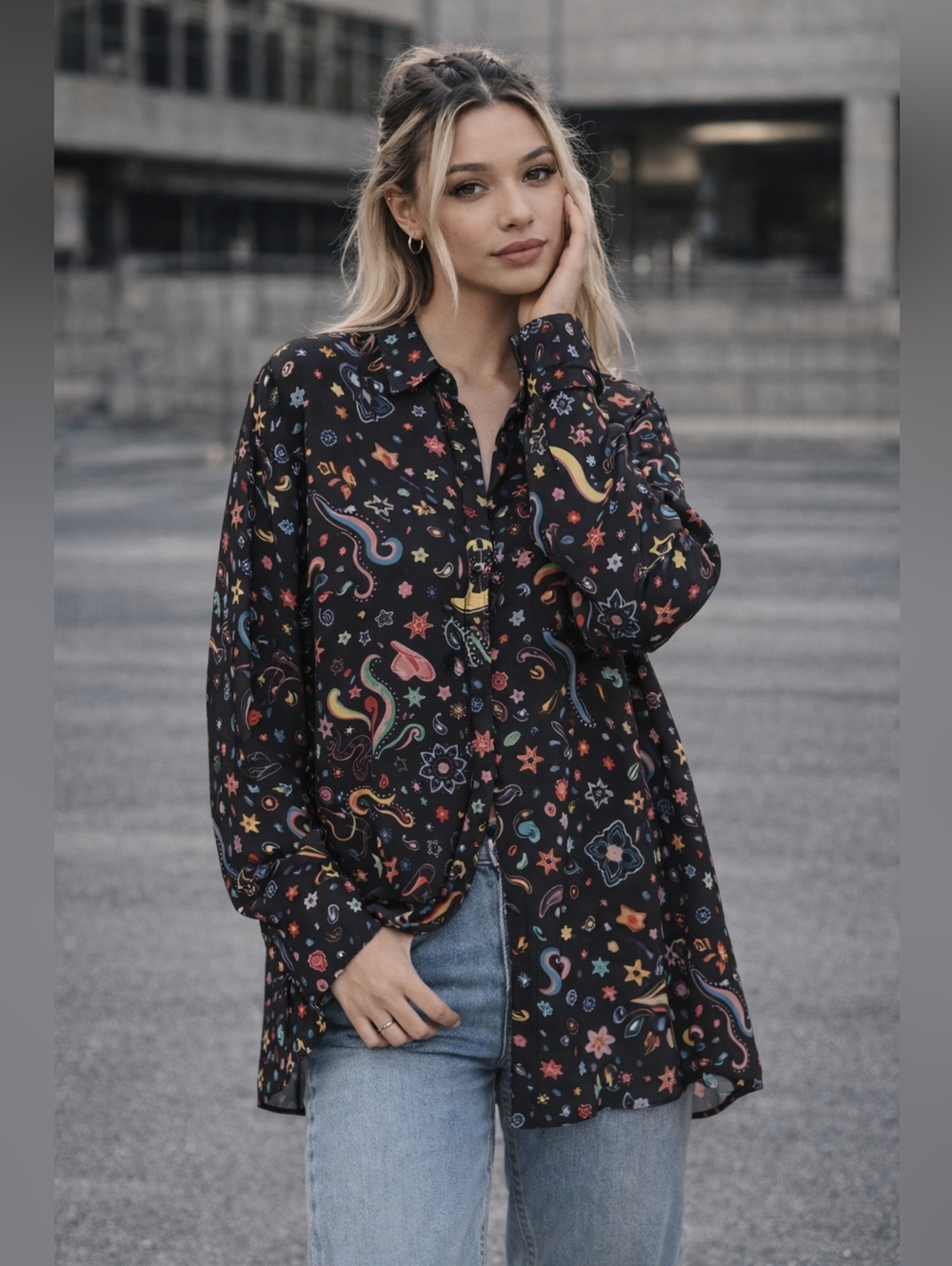 Black Button-Down Shirt with Colorful Star Print
